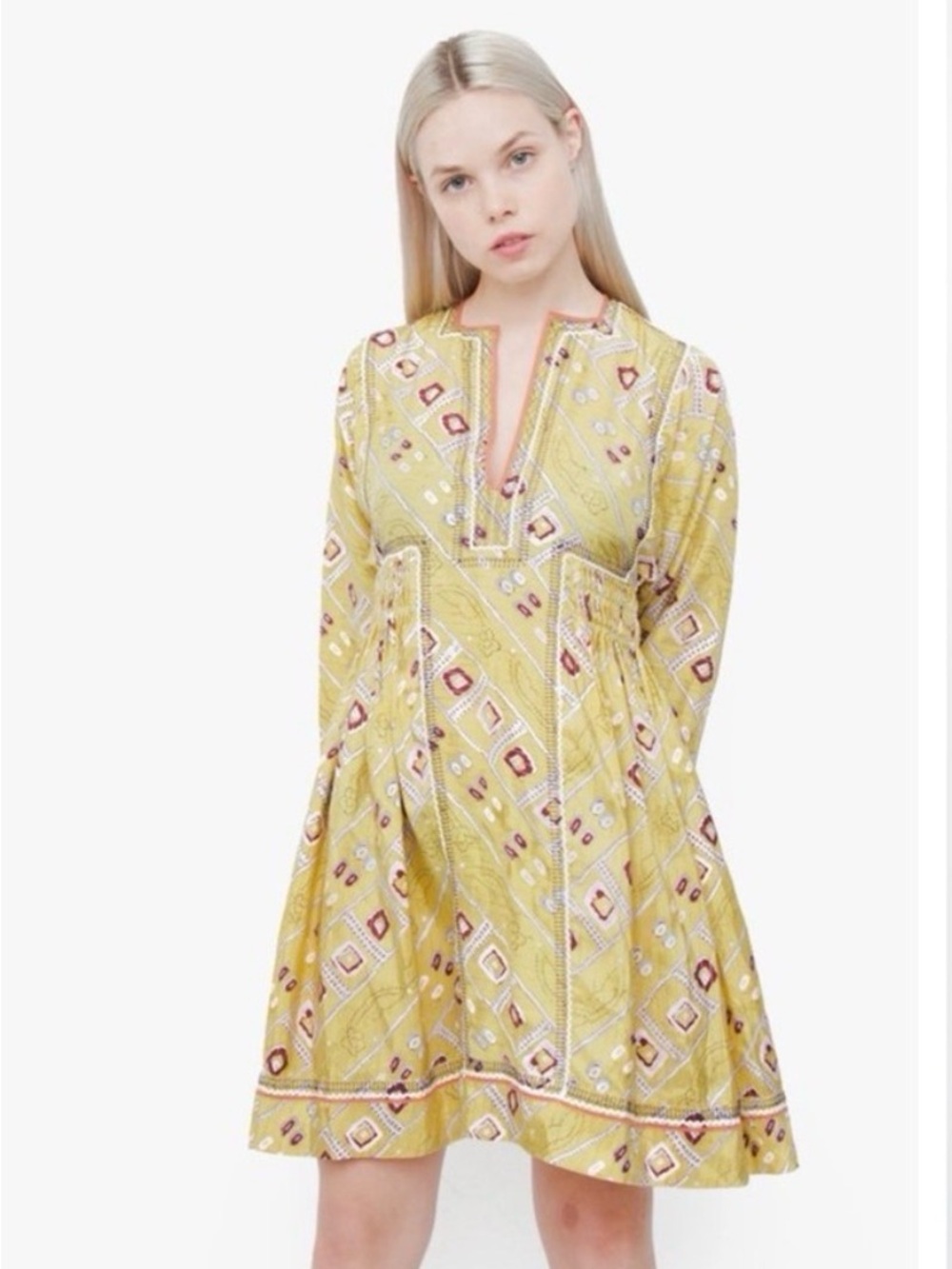 Isabel Marant Yellow Printed V-Neck Tunic with Rust Trim